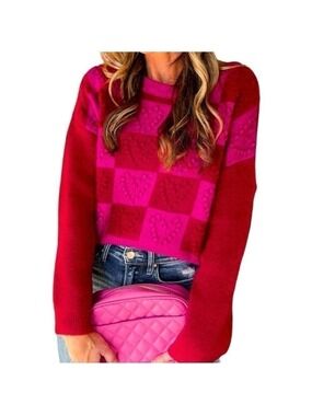 Multicolor Checkered Pattern Heart Detail Textured Sweater Women’s Size Large